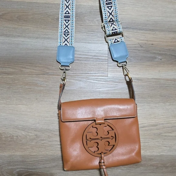 Tory Burch Cuoio Miller Tan Crossbody Bag with Replaced Patterned Strap - Picture 1 of 16